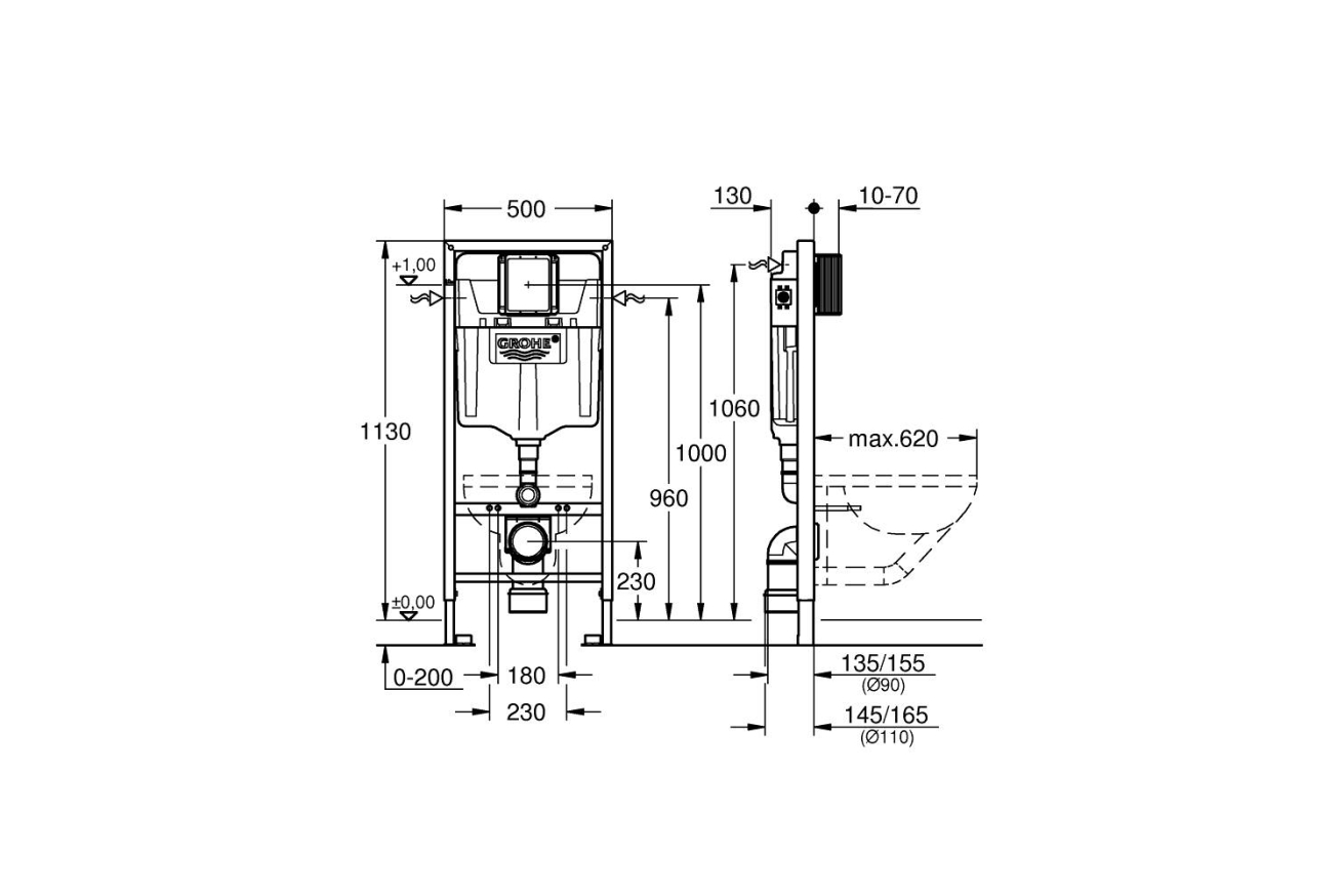 Система инсталляции для унитаза GROHE Rapid SL 3 в 1 с панелью смыва Skate Cosmopolitan, хром (NW0144)