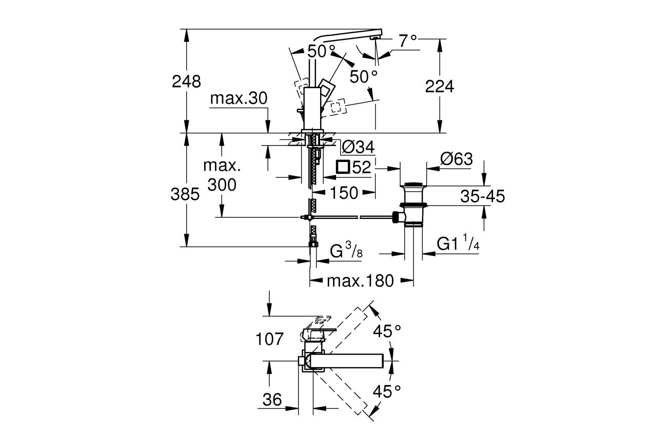 Смеситель для раковины GROHE Eurocube с донным клапаном и высоким изливом, темный графит матовый (23135AL0)