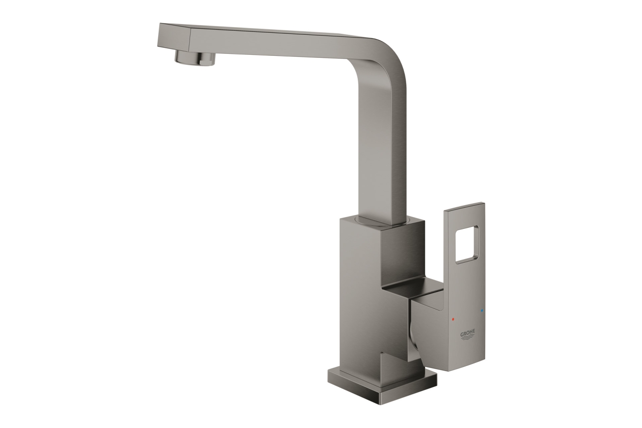 Смеситель для раковины GROHE Eurocube с донным клапаном и высоким изливом, темный графит матовый (23135AL0)