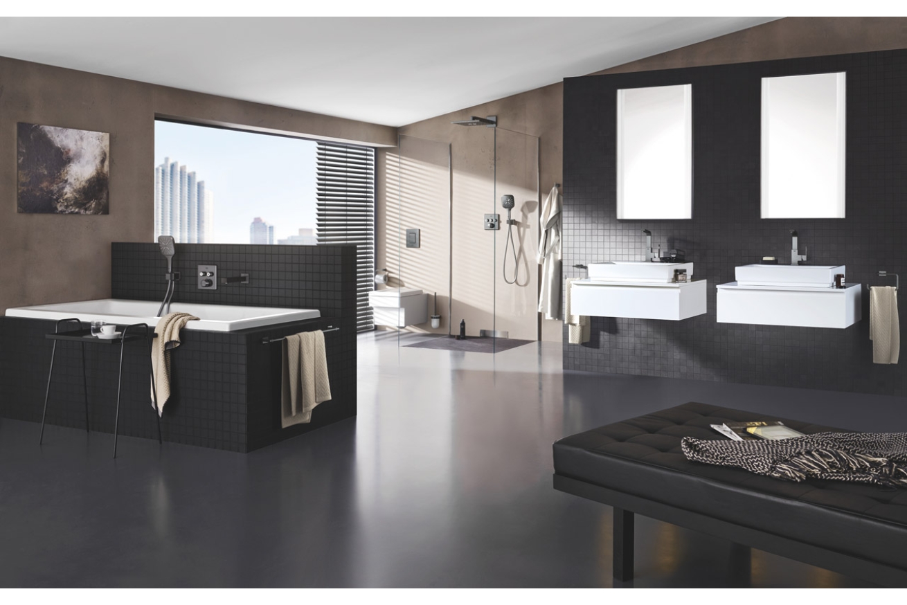 Смеситель для раковины GROHE Eurocube с донным клапаном и высоким изливом, темный графит матовый (23135AL0)