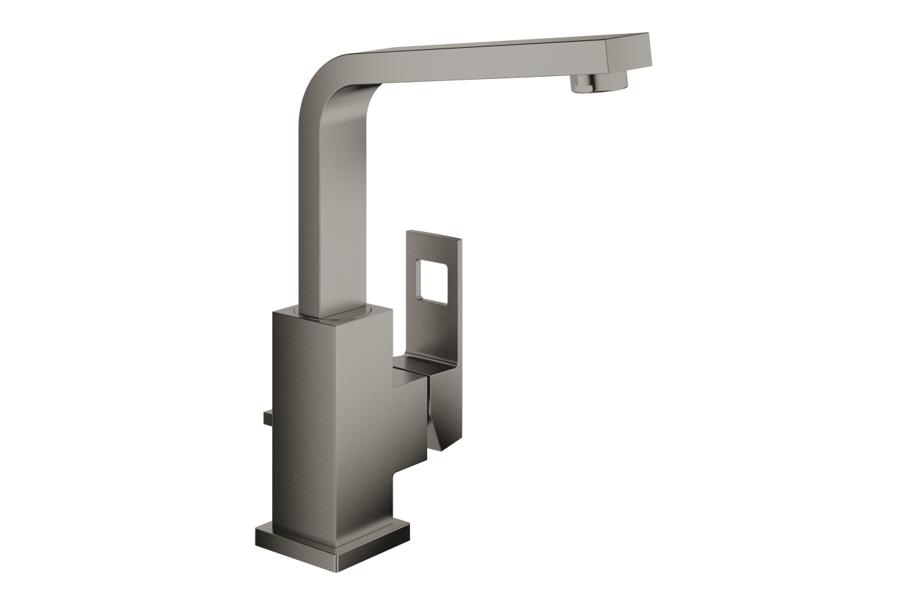Смеситель для раковины GROHE Eurocube с донным клапаном и высоким изливом, темный графит матовый (23135AL0)