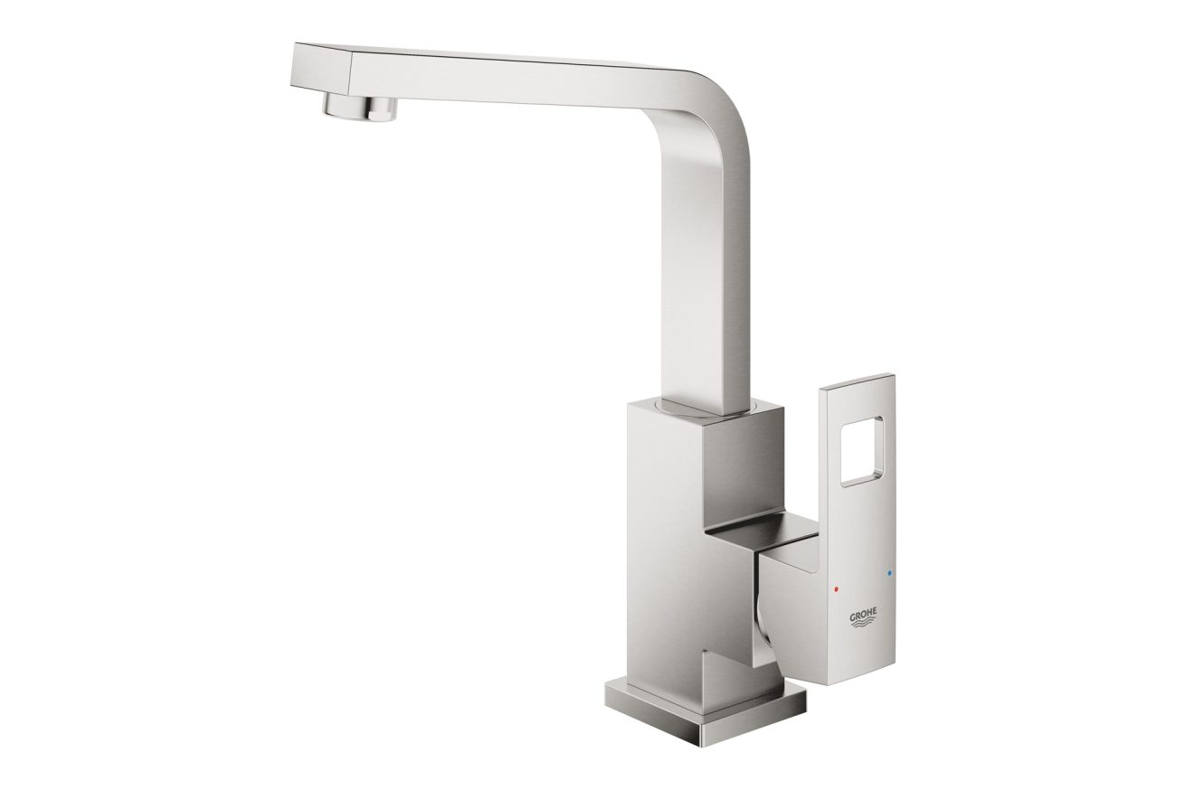 Смеситель для раковины GROHE Eurocube с донным клапаном и высоким изливом, суперсталь (23135DC0)