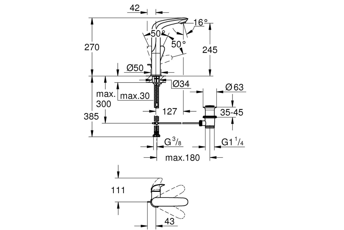 Смеситель для раковины GROHE Eurostyle с донным клапаном, белая луна (23718LS3)