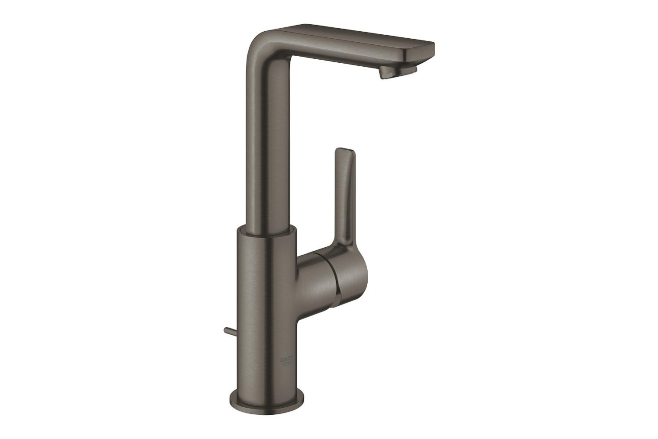 Смеситель для раковины GROHE Lineare, высокий излив, с донным клапаном, темный графит матовый (23296AL1)