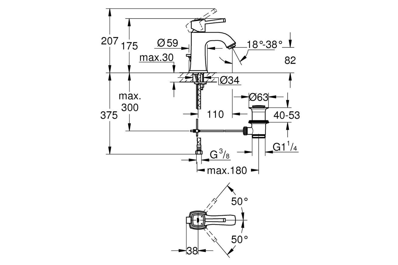 Смеситель для раковины GROHE Grandera с донным клапаном, хром/золото (23303IG0)