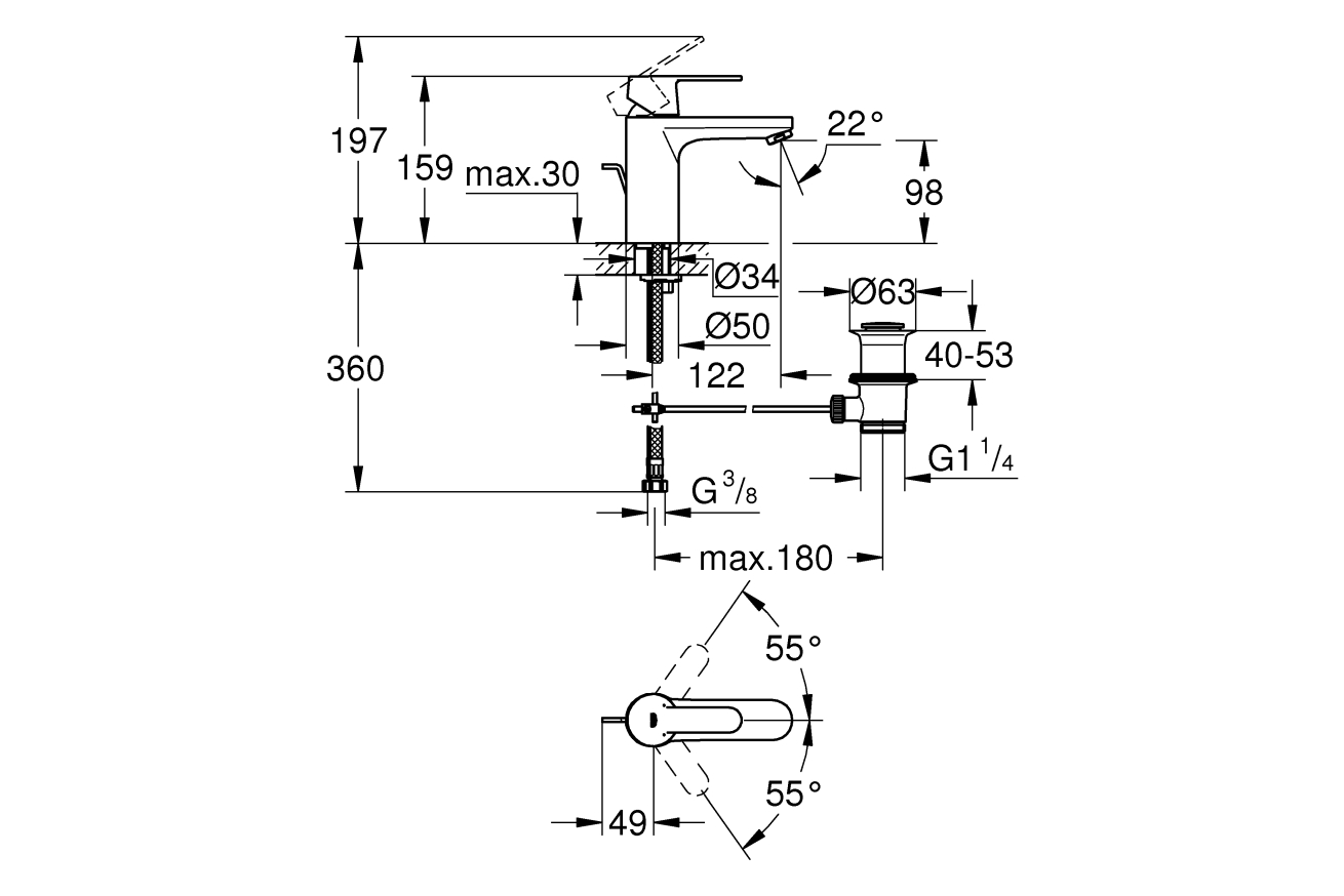 Смеситель для раковины GROHE Ge с донным клапаном, хром (23454000)