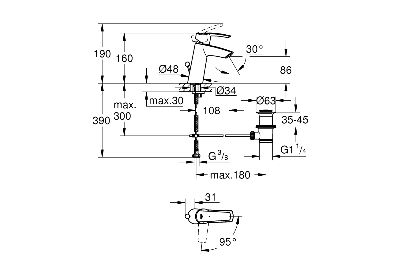 Смеситель для раковины GROHE Start с донным клапаном, хром (23552001)