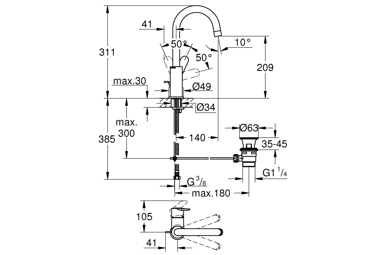 Смеситель для раковины GROHE Start Edge с донным клапаном, L-Size, хром (23776000)