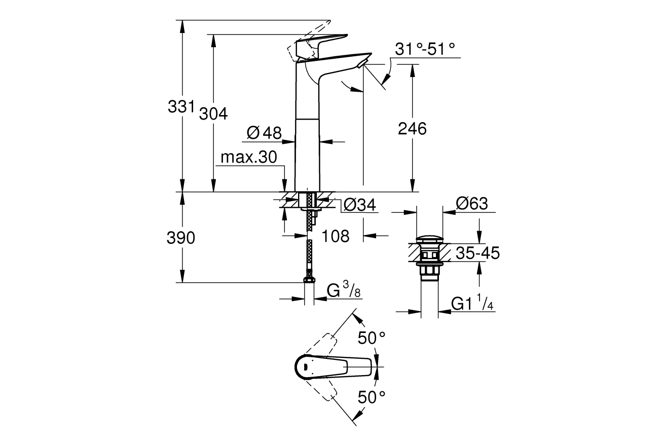 Смеситель для раковины GROHE Start Edge QuickFix с нажимным донным клапаном, XL-Size, хром (23777001)