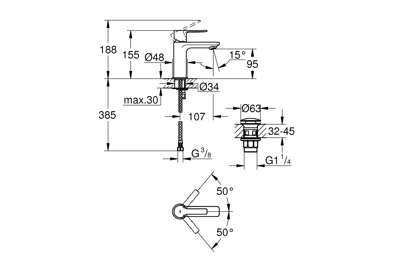 Смеситель для раковины GROHE Lineare с нажимным донным клапаном, темный графит матовый (23791AL1)