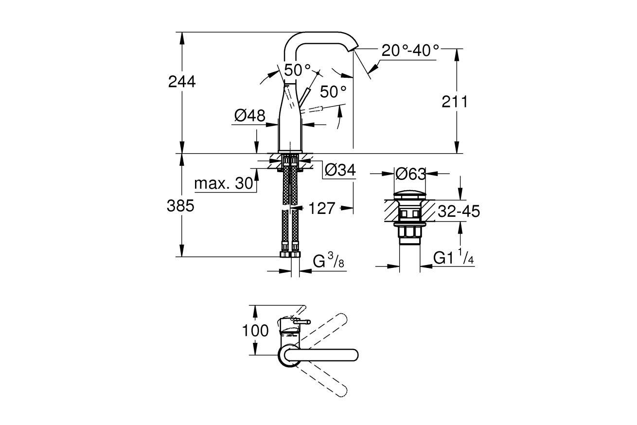 Смеситель для раковины GROHE Essence с нажимным донным клапаном, L-Size, хром (23799001)