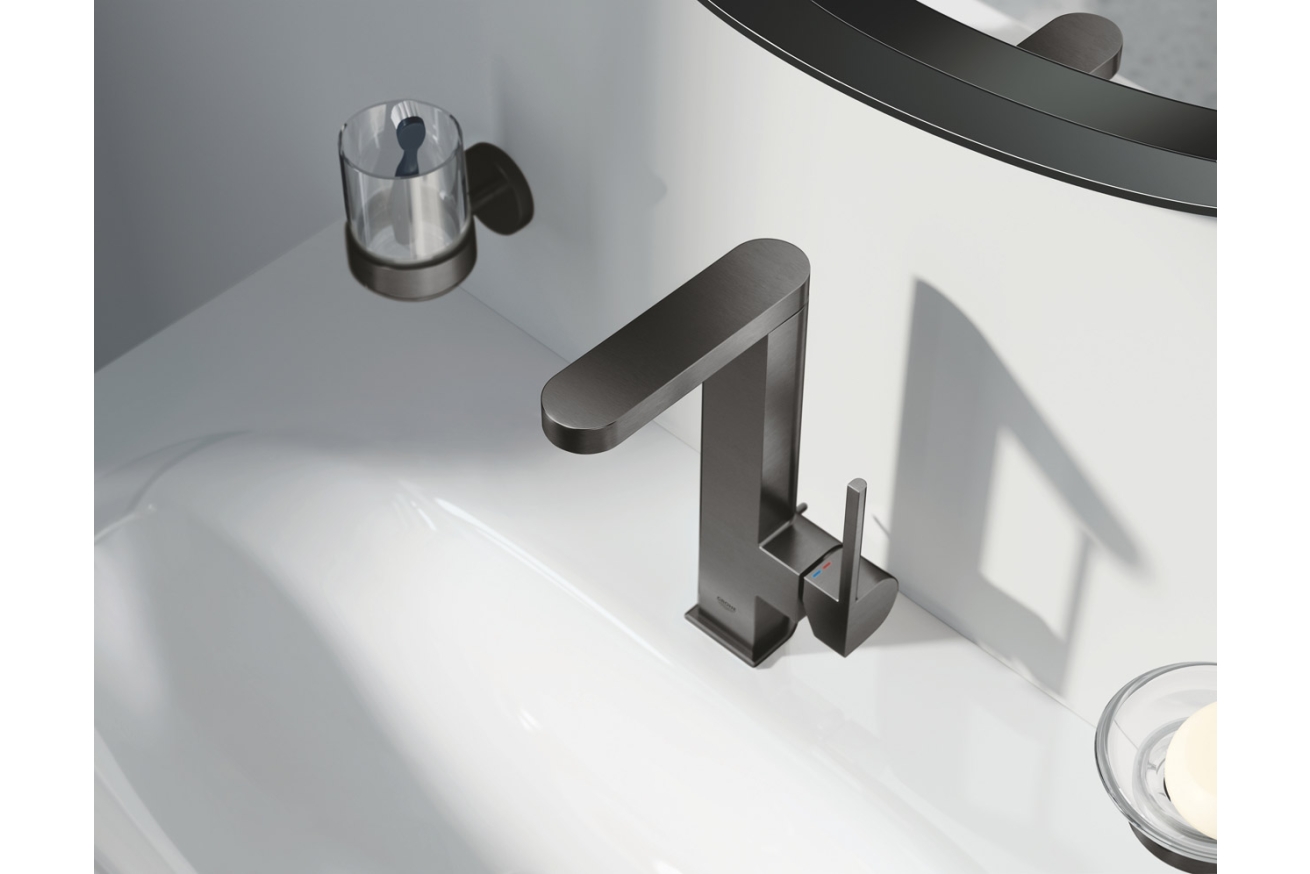 Смеситель для раковины GROHE Plus с донным клапаном и вытяжным изливом, темный графит матовый (23843AL3)