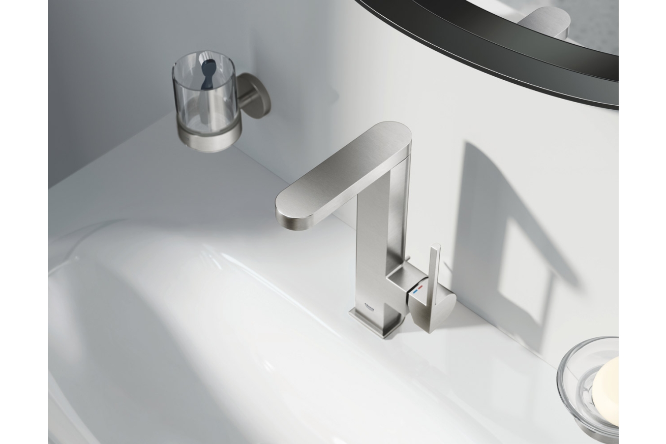 Смеситель для раковины GROHE Plus с донным клапаном и вытяжным изливом, суперсталь (23843DC3)