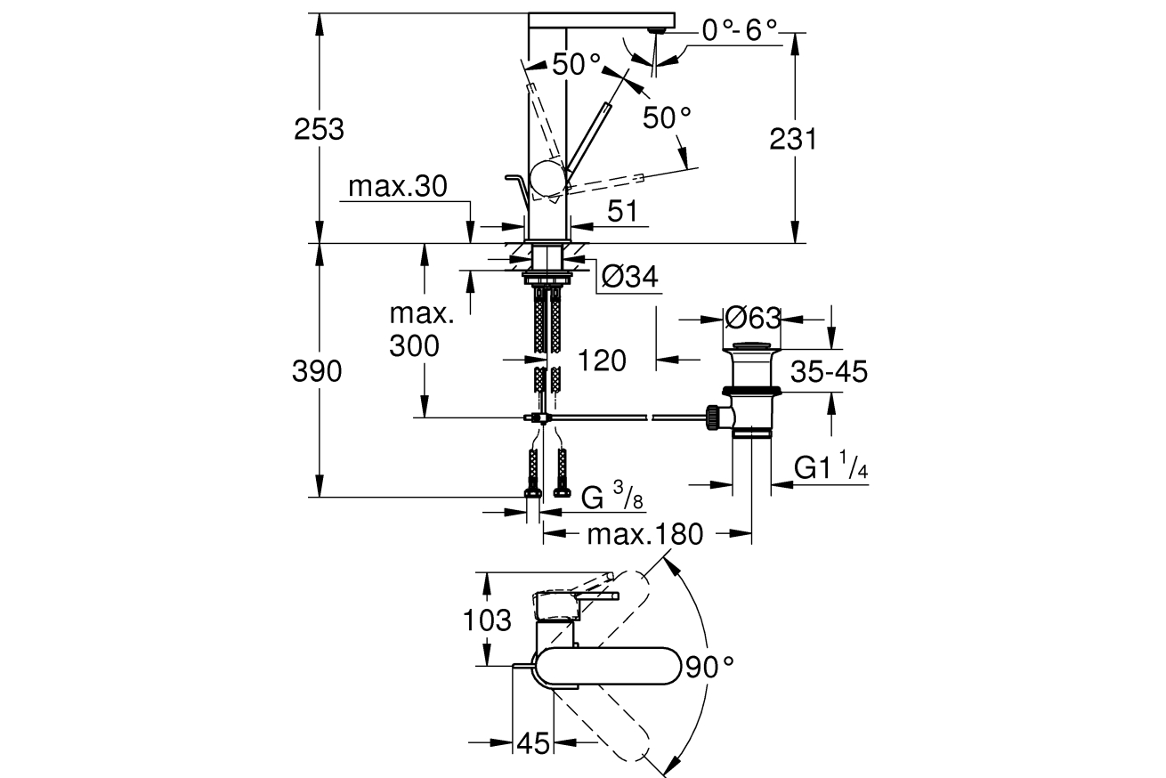 Смеситель для раковины GROHE Plus с донным клапаном, L-Size, суперсталь (23851DC3)