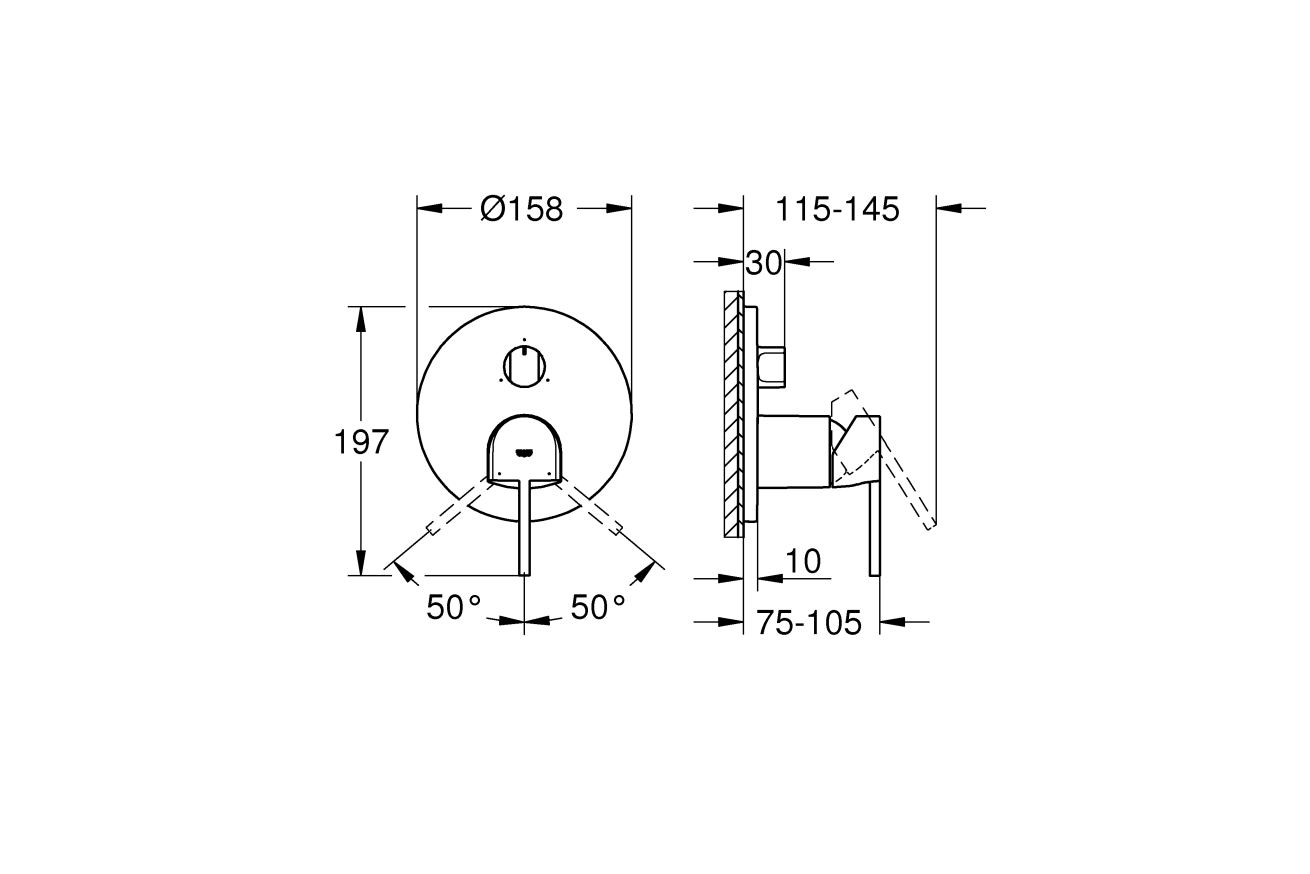 Внешняя часть смесителя для ванны GROHE Plus с переключателем на 3 положения, темный графит матовый (24093AL3)