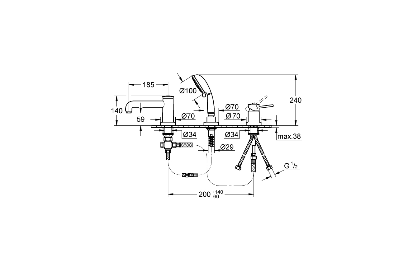 Смеситель для ванны GROHE BauClassic на 3 отверстия, на край ванны, хром (2511800A)