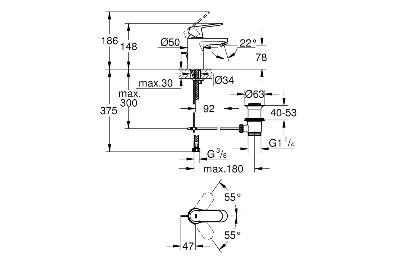 Смеситель для раковины GROHE Eurosmart Cosmopolitan с донным клапаном, низкий излив, хром (32825000)