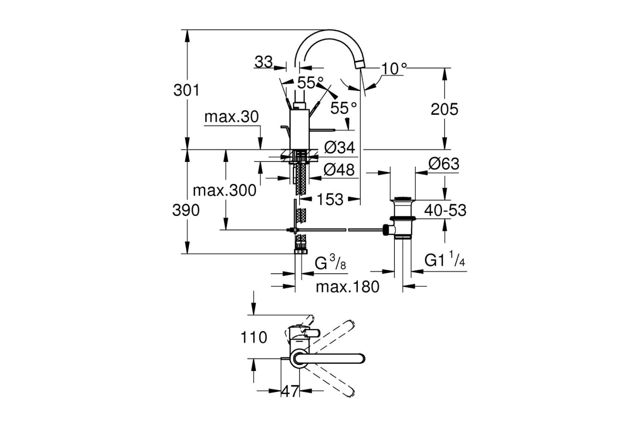 Смеситель для раковины GROHE Eurosmart Cosmopolitan с донным клапаном, высокий излив, хром (32830000)