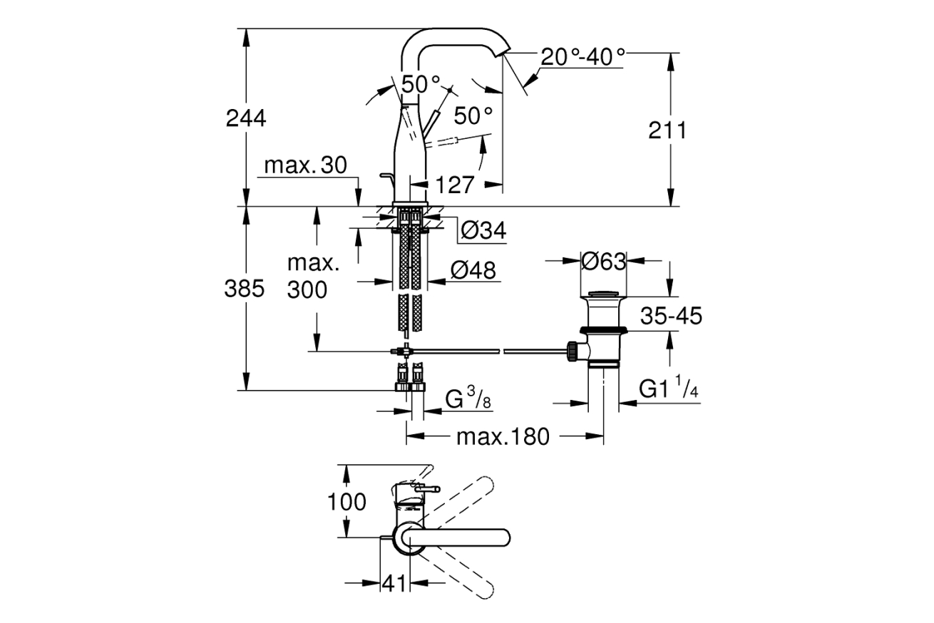 Смеситель для раковины GROHE Essence с донным клапаном, L-size, хром (24174001)