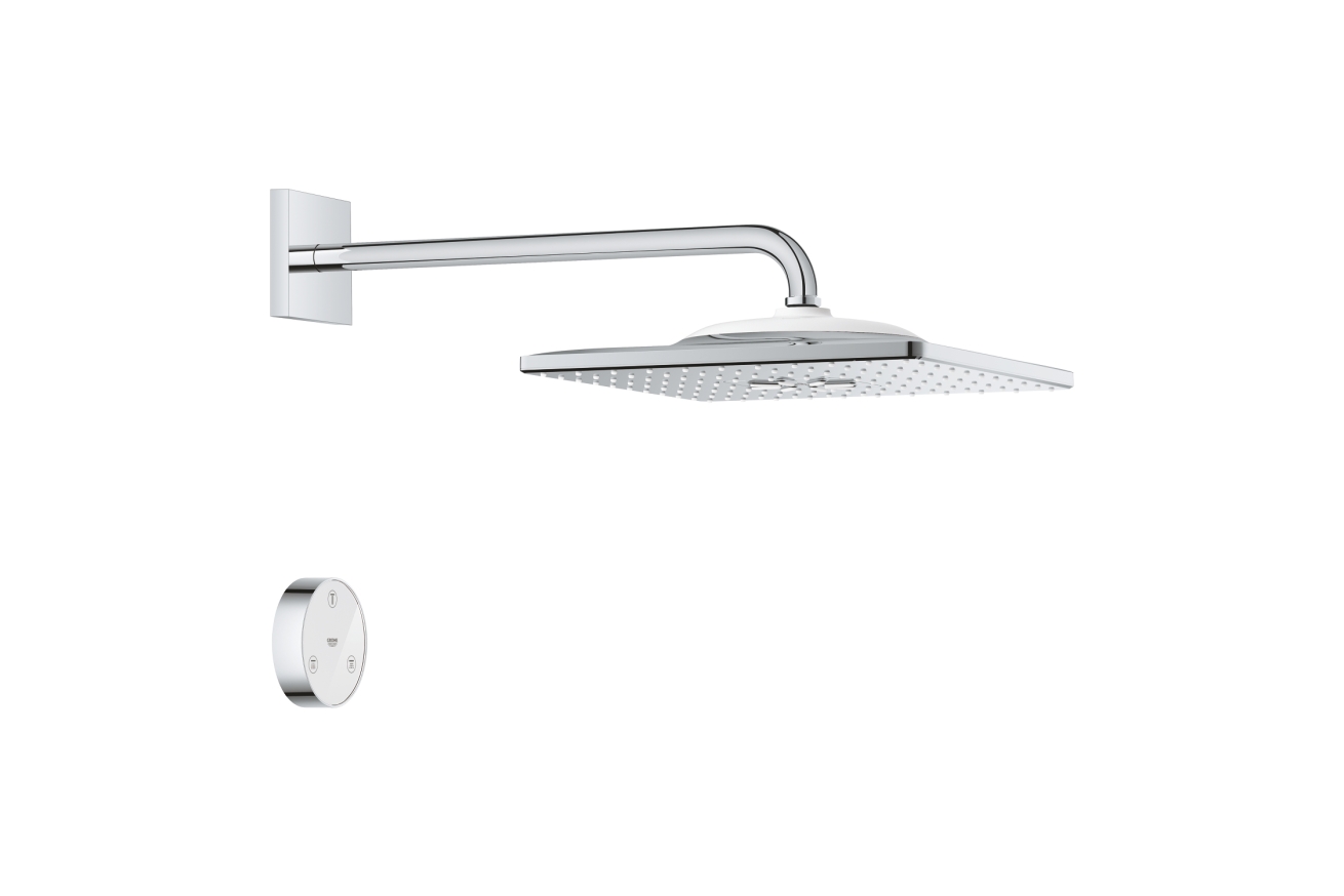 Верхний душ с душевым кронштейном 422 мм, 2 режима струи, GROHE Rainshower SmartConnect 310 Cube, хром, (26642000)