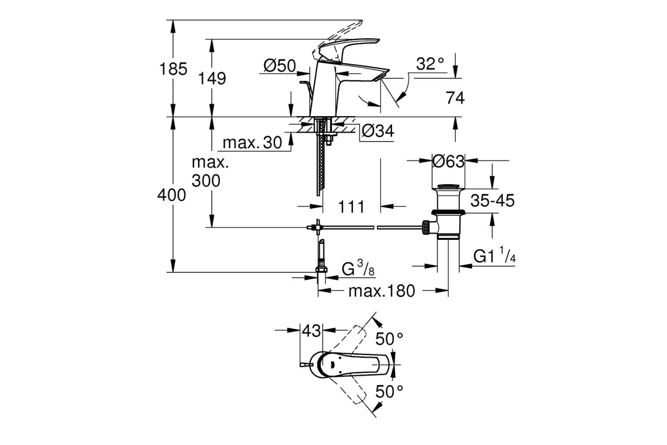 Смеситель для раковины GROHE Eurosmart, S-size, хром (23965003)