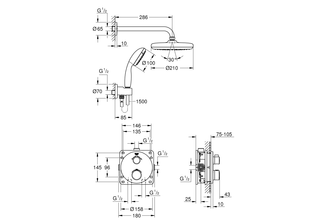 Набор для комплектации душа, с Tempesta 210, GROHE Grohtherm, хром, (34727000)
