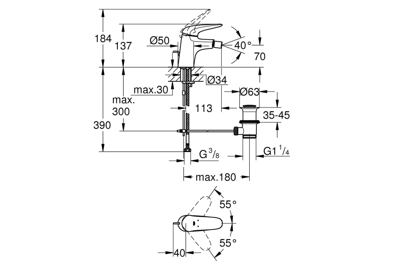 Смеситель для биде GROHE Eurostyle с донным клапаном, S-size, хром (23720003)
