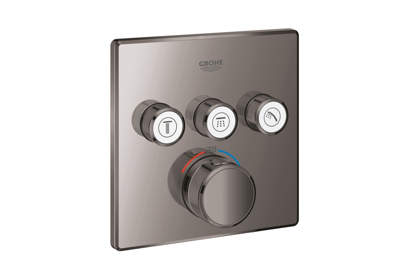 Внешняя часть термостата для ванны и душа GROHE Grohtherm SmartControl на 3 потребителя, квадратная, темный графит глянец (29126A00)