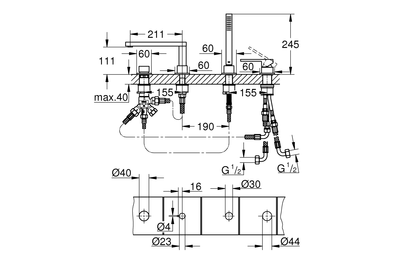 Смеситель для ванны GROHE Plus на 4 отверстия, на край ванны, темный графит матовый (29307AL3)