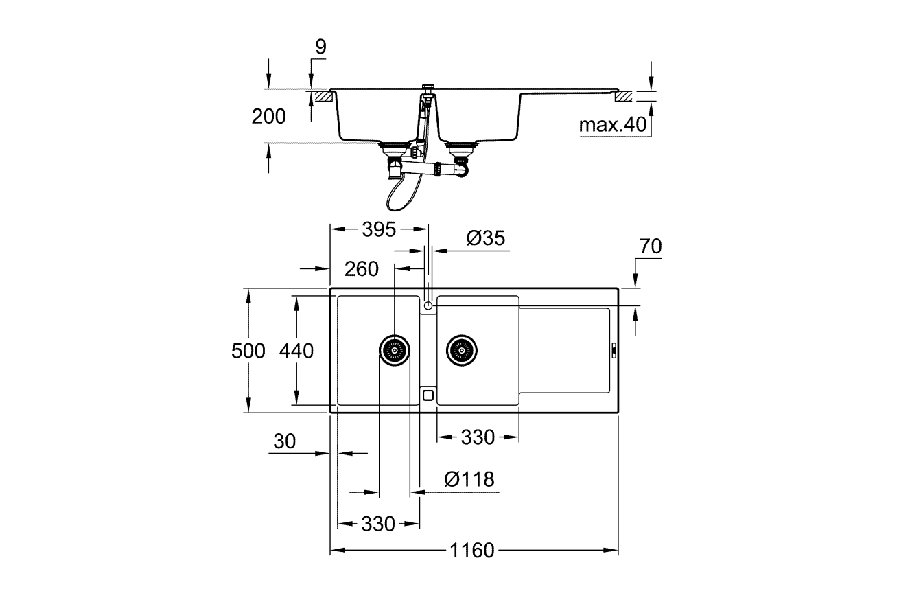 Мойка GROHE K500 с двумя чашами, 1160 x 500 мм, серый гранит (31647AT0)