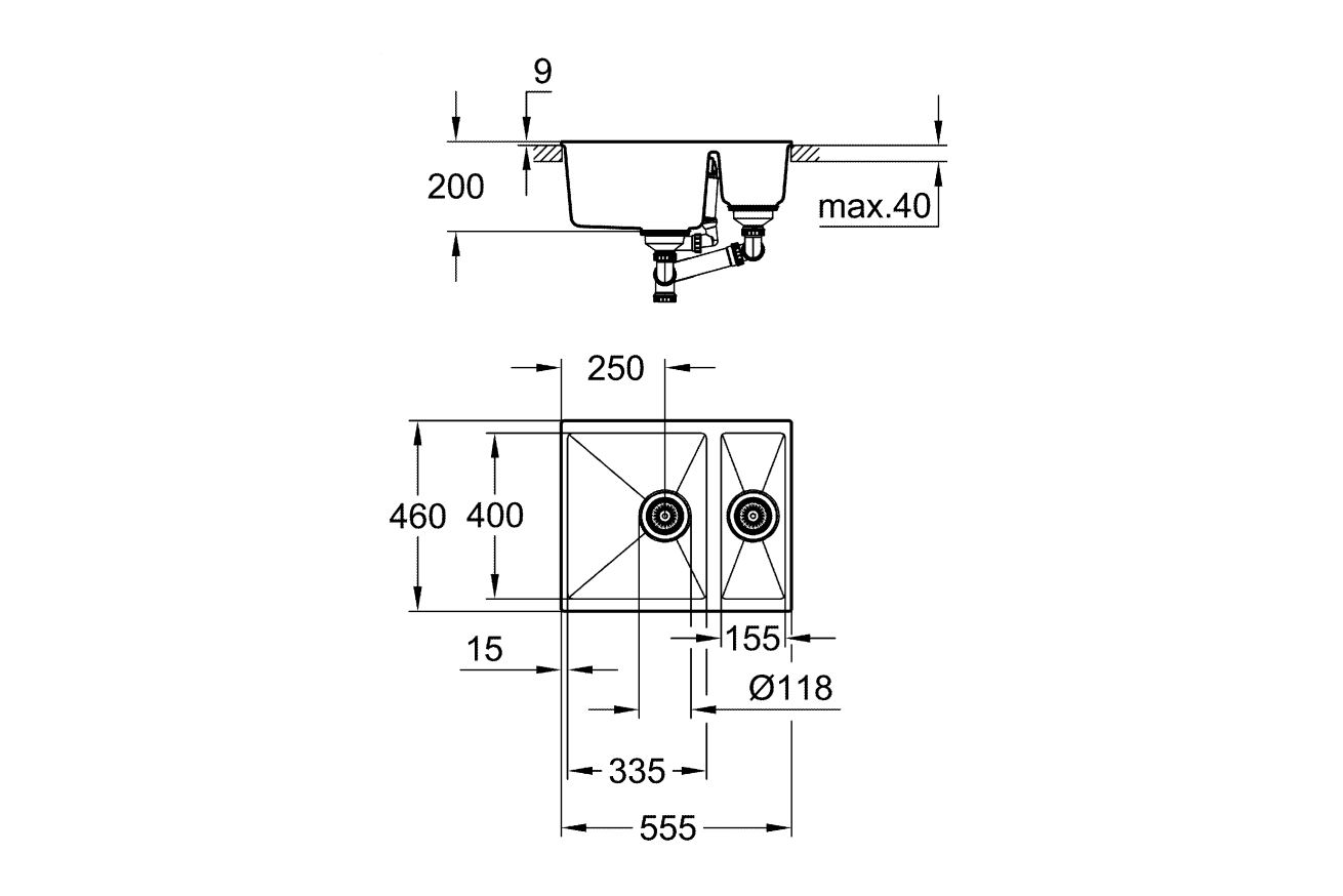 Мойка GROHE K500 с 1,5 чашей, 555 x 460 мм, черный гранит (31648AP0)