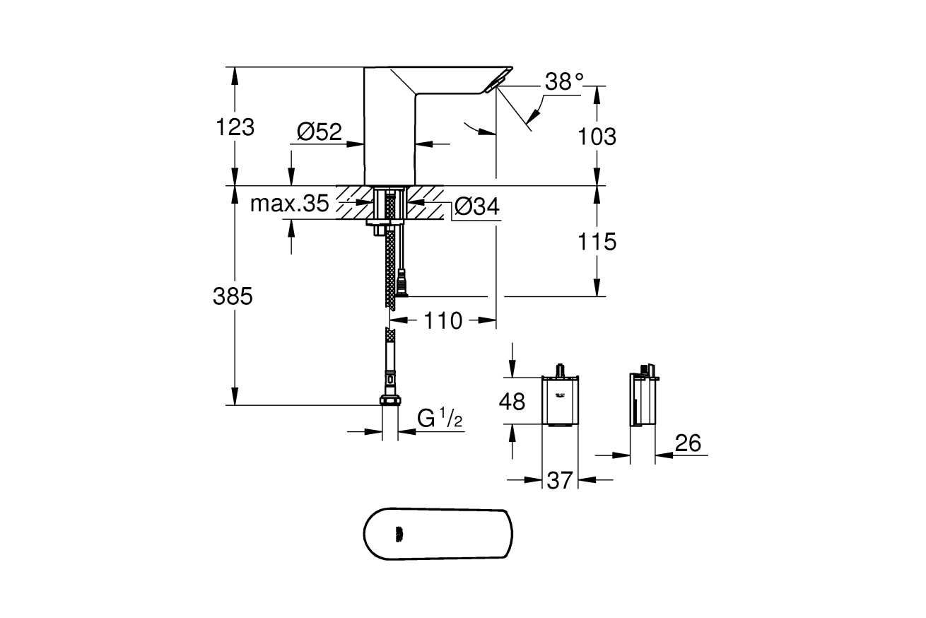Кран для раковины GROHE BauCosmopolitan E инфракрасный, без функции смешивания, хром (36452000)