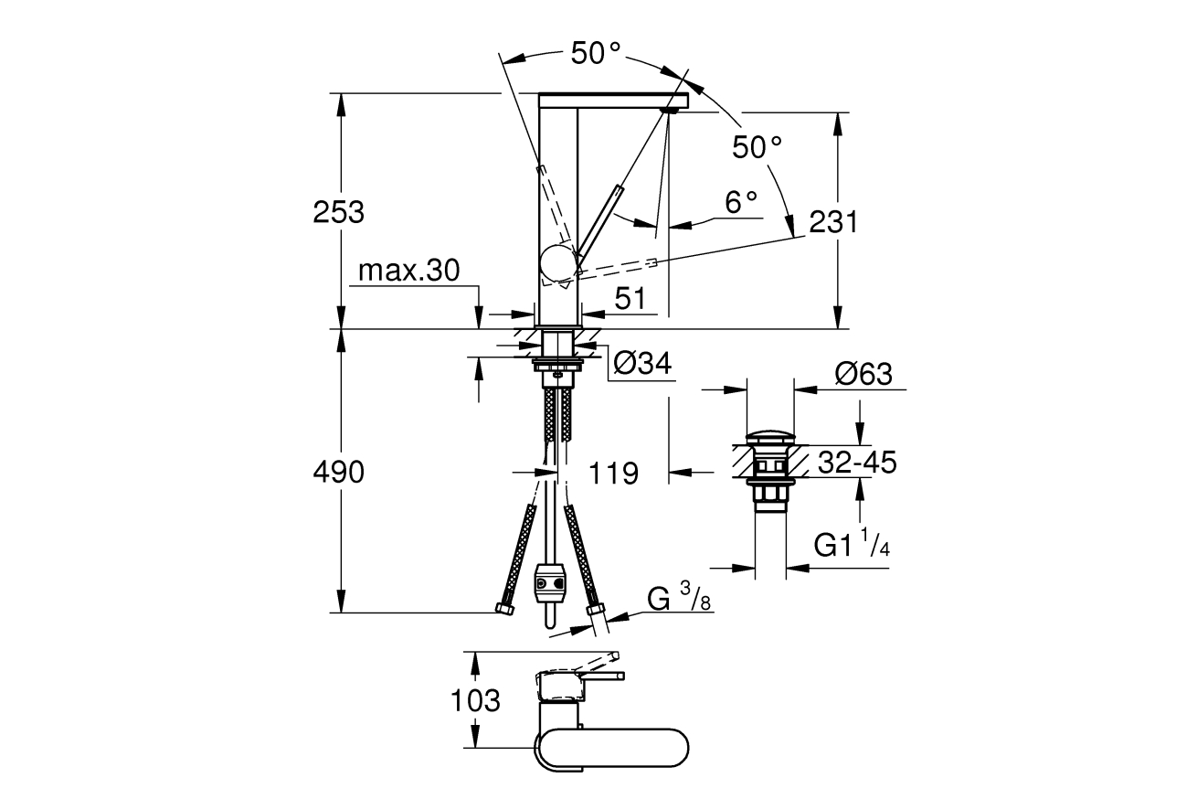 Смеситель для раковины GROHE Plus, L-size, хром (23844003)