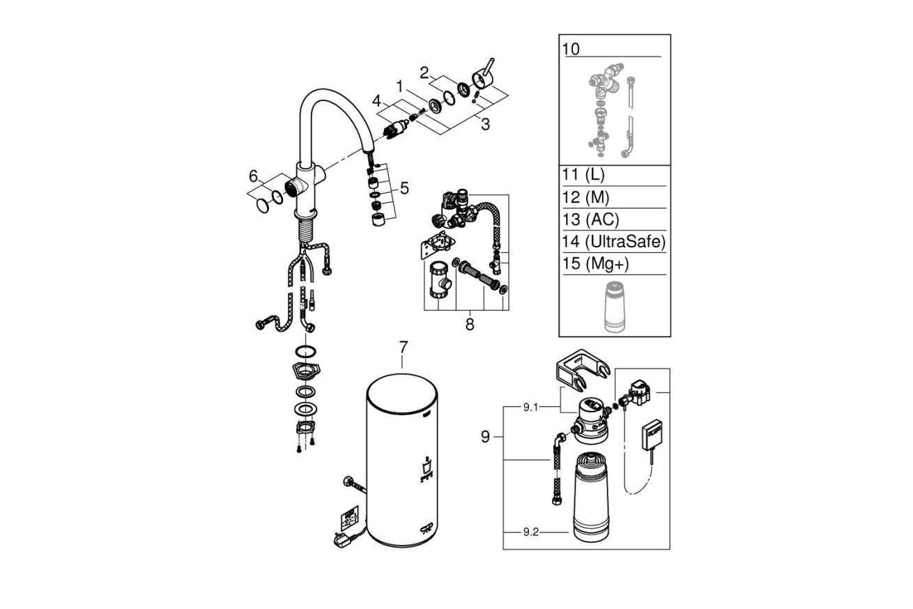 Комплект для кухни GROHE Red Duo с C-образным смесителем, бойлером L-Size и фильтром, хром (30079001)