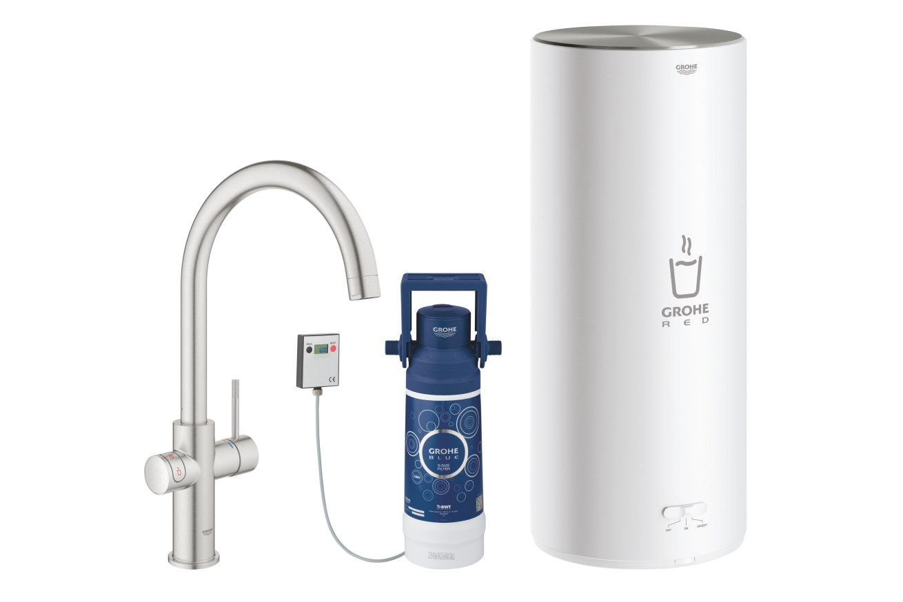 Комплект для кухни GROHE Red Duo с C-образным смесителем, бойлером L-Size и фильтром, суперсталь (30079DC1)