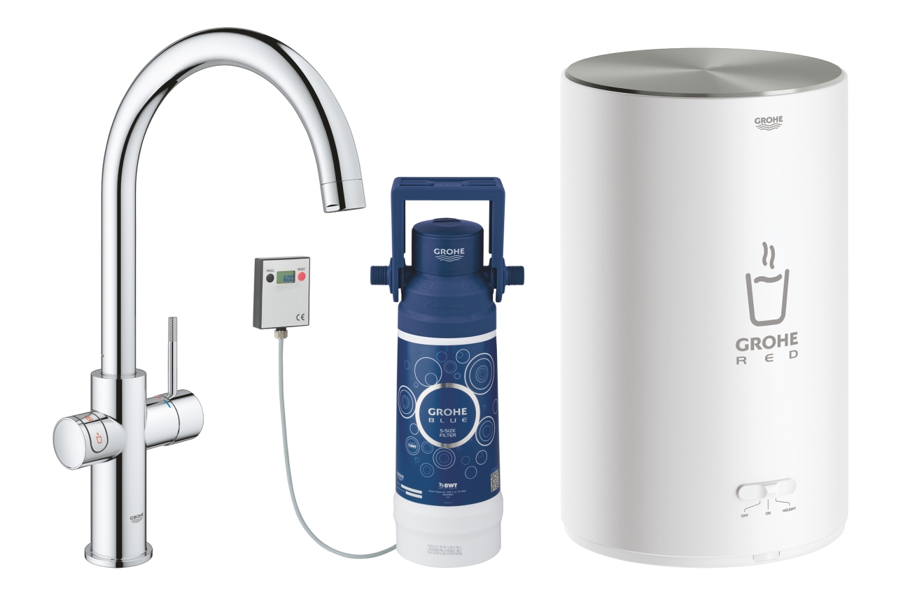 Комплект для кухни GROHE Red Duo с C-образным смесителем, бойлером M-Size и фильтром, хром (30083001)