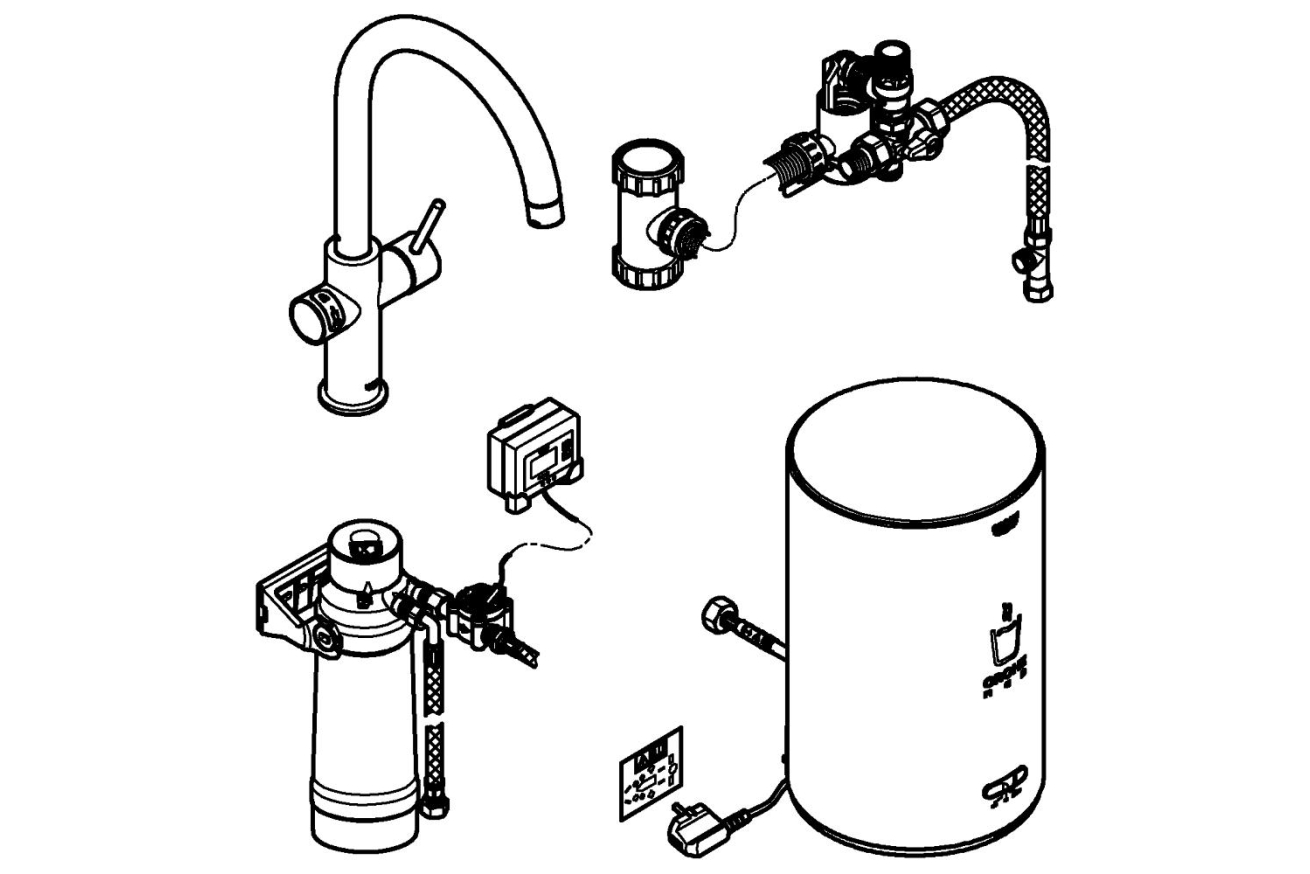 Комплект для кухни GROHE Red Duo с C-образным смесителем, бойлером M-Size и фильтром, хром (30083001)