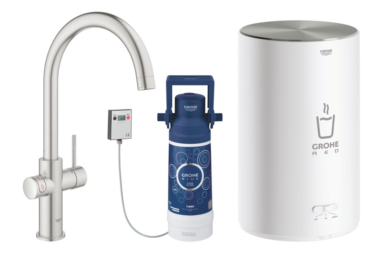 Комплект для кухни GROHE Red Duo с C-образным смесителем, бойлером M-Size и фильтром, суперсталь (30083DC1)