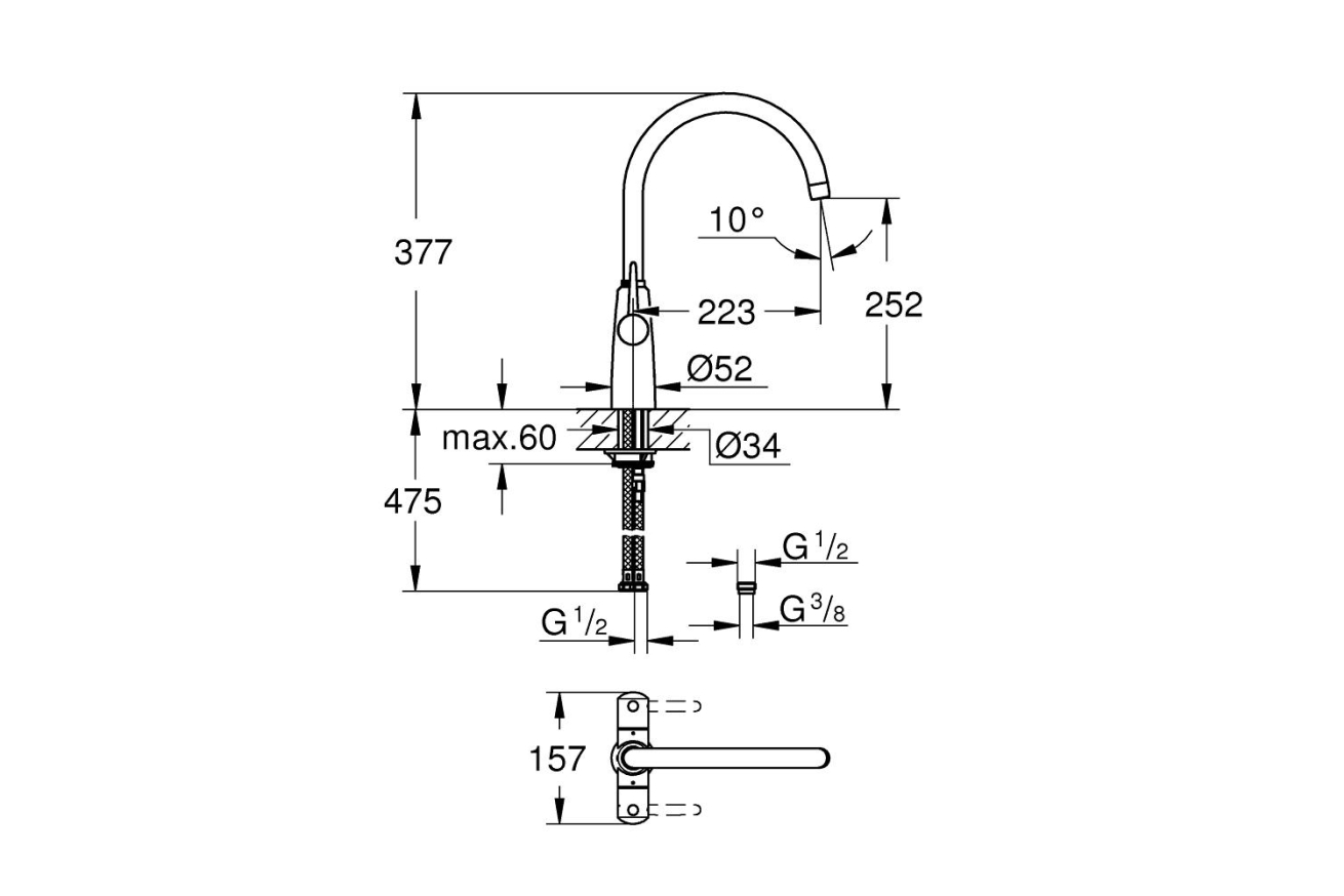 Смеситель для кухни GROHE Ambi двухвентильный, высокий излив, хром (30189000)