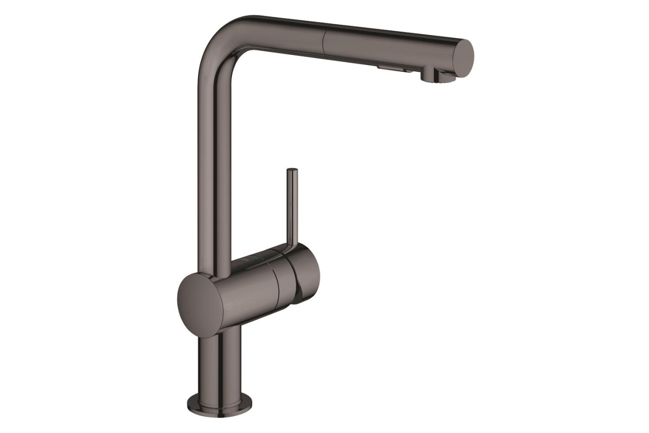 Смеситель для кухни GROHE Minta с вытяжным душем, L-образный излив, темный графит глянец (30274A00)