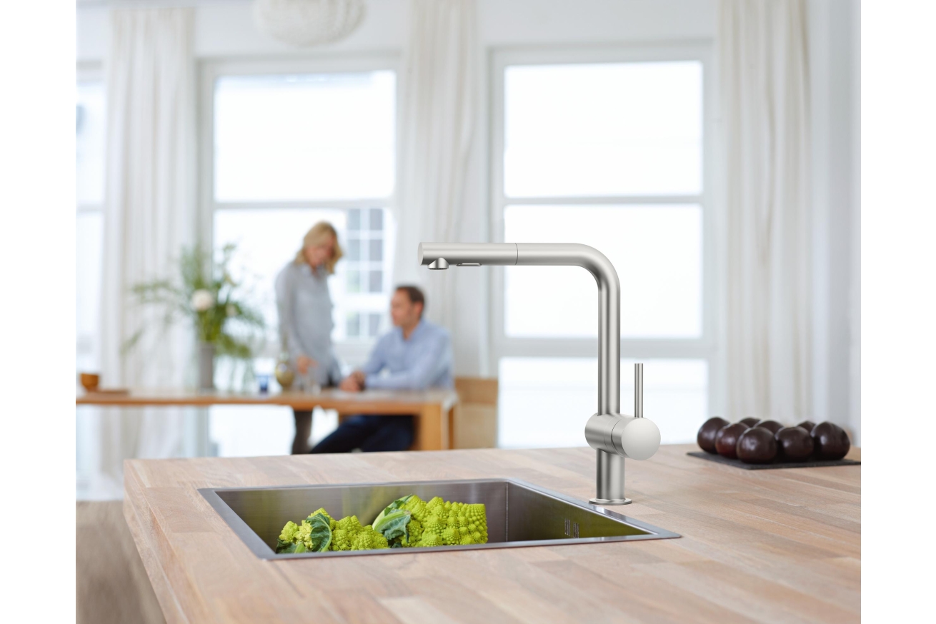 Смеситель для кухни GROHE Minta с вытяжным душем, L-образный излив, суперсталь (30274DC0)