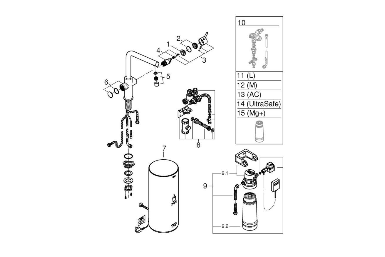 Комплект для кухни GROHE Red Duo с L-образным смесителем, бойлером L-Size и фильтром, хром (30325001)