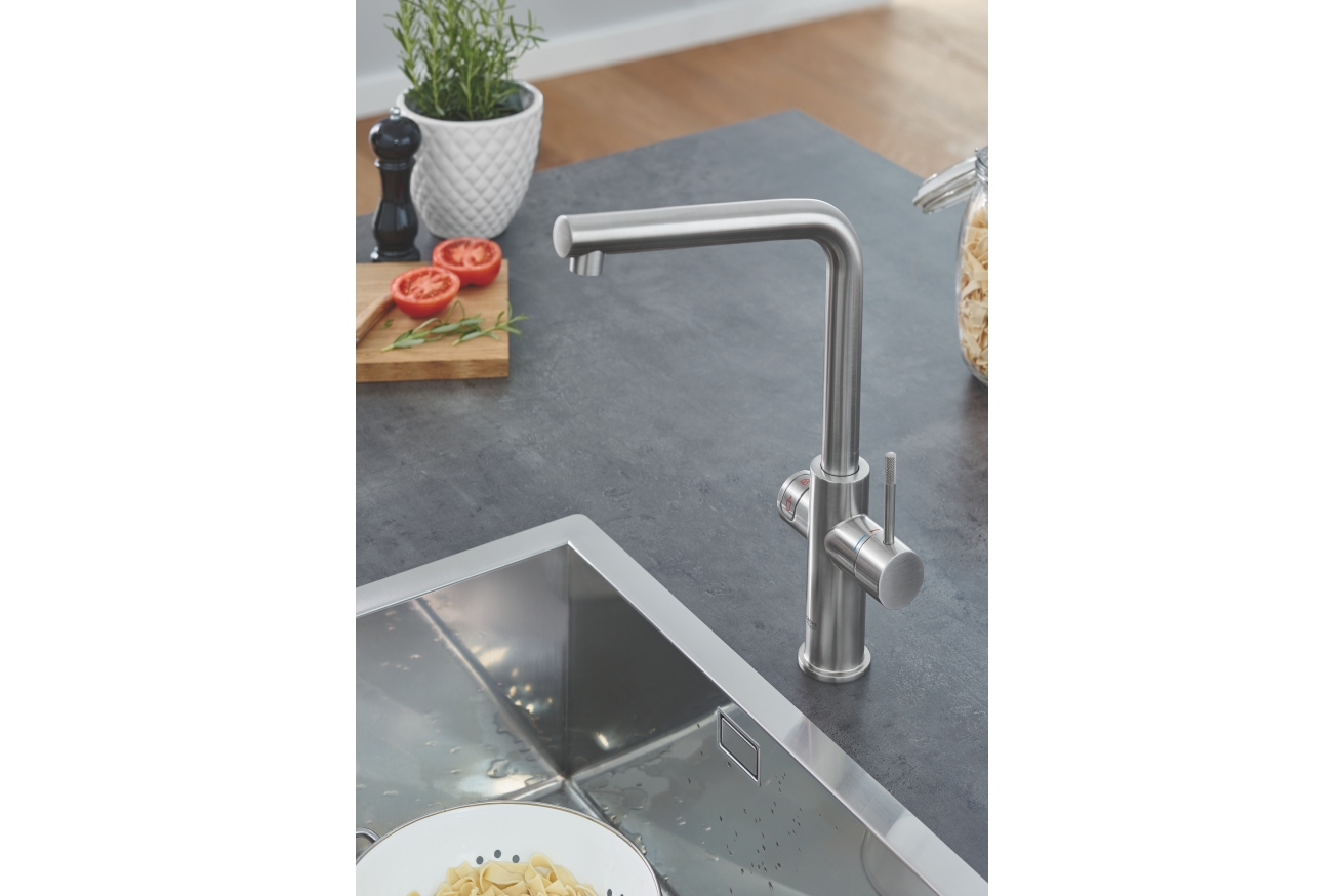 Комплект для кухни GROHE Red Duo с L-образным смесителем, бойлером L-Size и фильтром, суперсталь (30325DC1)
