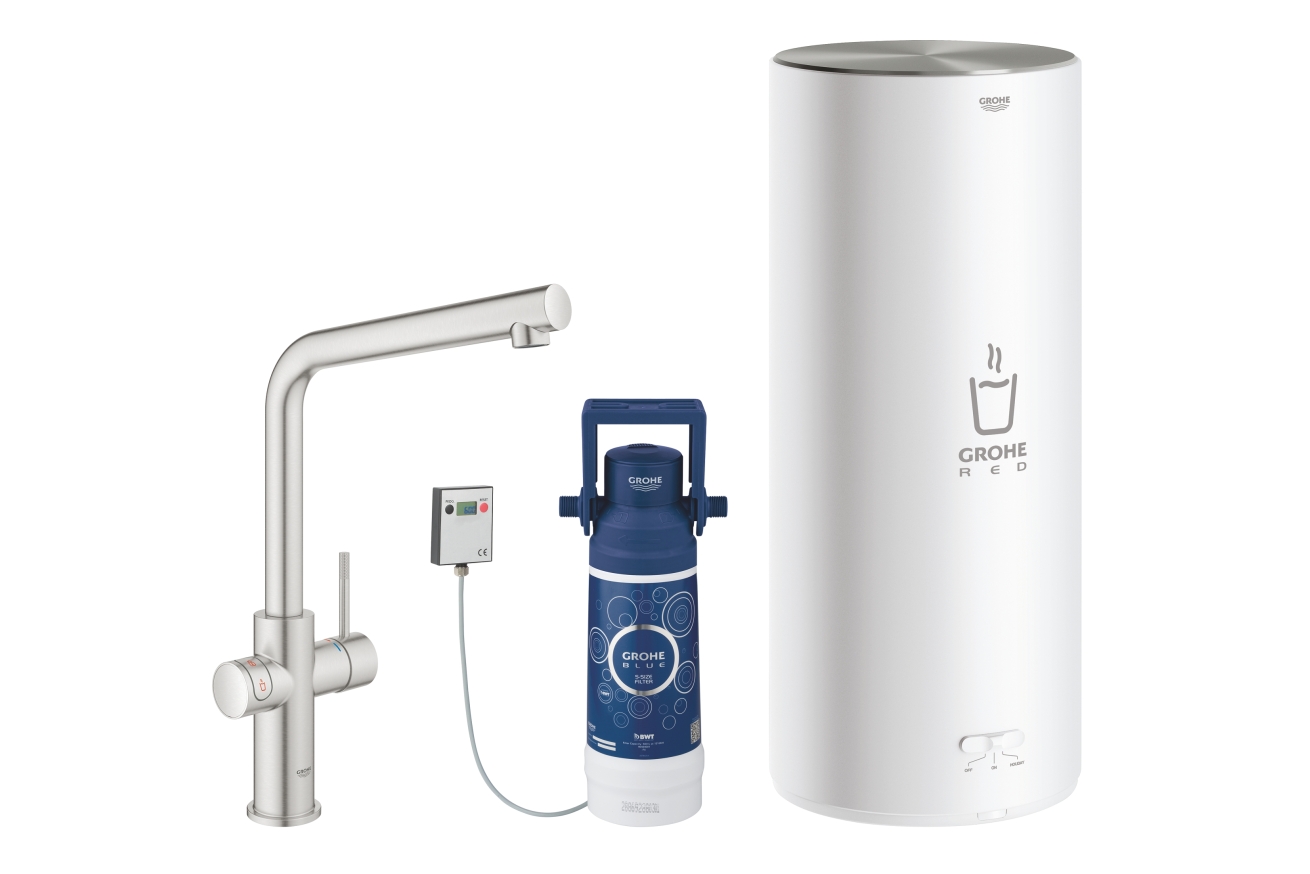 Комплект для кухни GROHE Red Duo с L-образным смесителем, бойлером L-Size и фильтром, суперсталь (30325DC1)