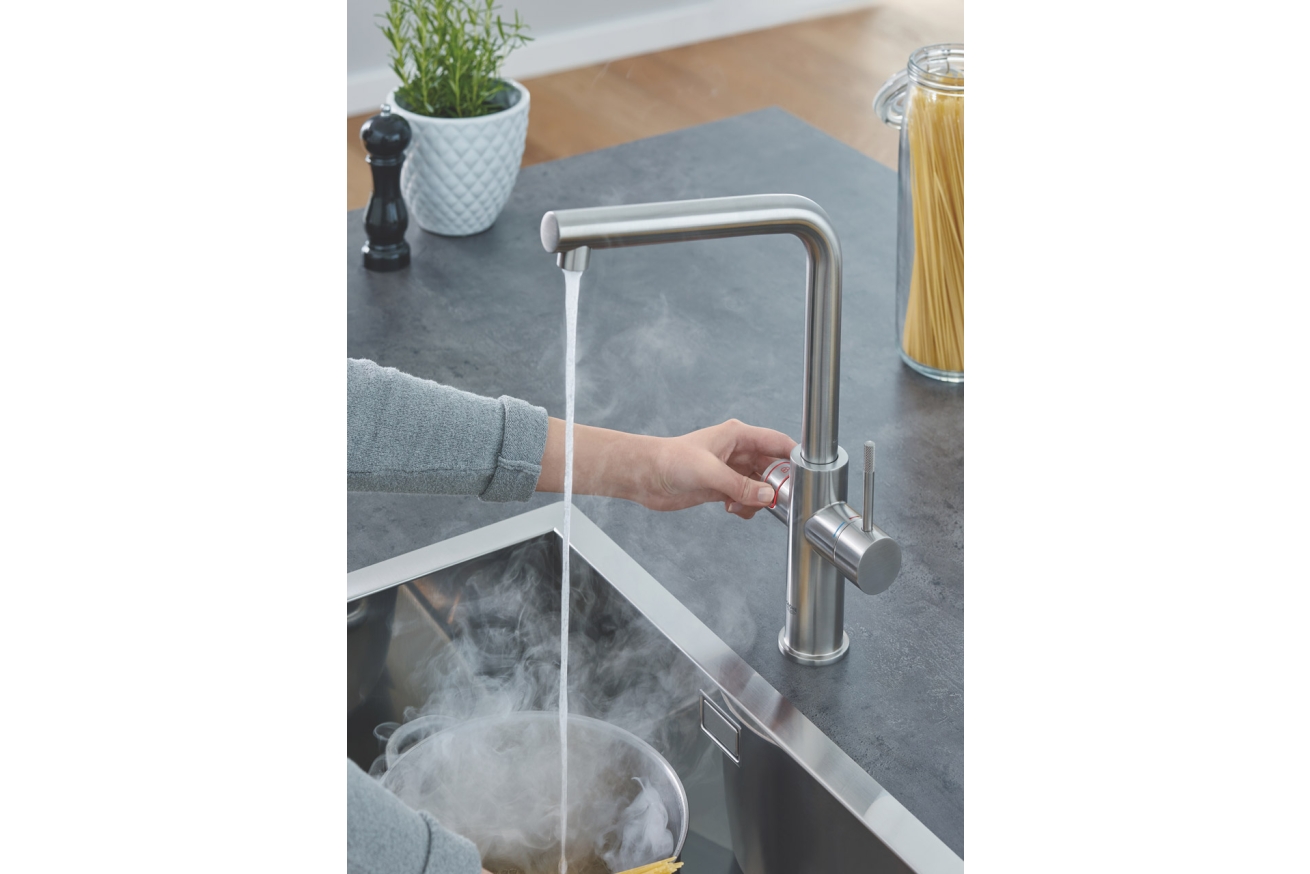 Комплект для кухни GROHE Red Duo с L-образным смесителем, бойлером M-Size и фильтром, суперсталь (30327DC1)