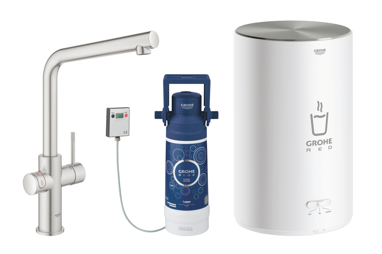 Комплект для кухни GROHE Red Duo с L-образным смесителем, бойлером M-Size и фильтром, суперсталь (30327DC1)