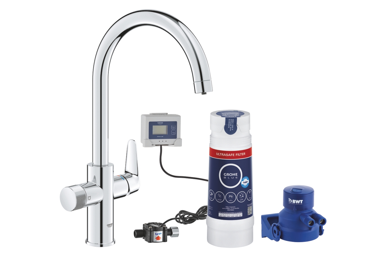 Смеситель для кухонной мойки GROHE Blue Pure BauCurve с функцией фильтрации, с фильтром UltraSafe в комплекте, хром (30582000)
