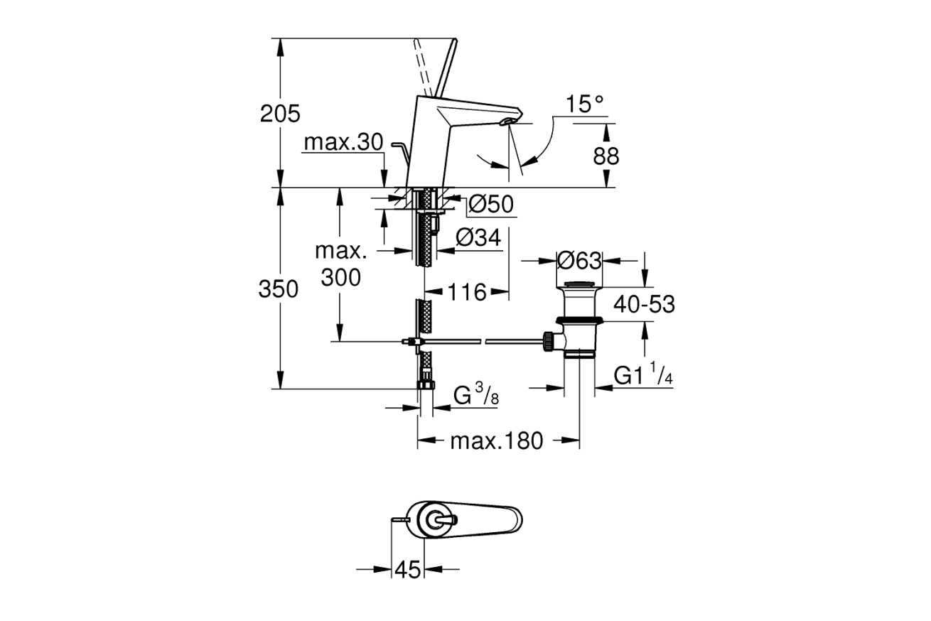Смеситель для раковины GROHE Eurodisc Joy с донным клапаном, S-size, белая луна (23425LS0)