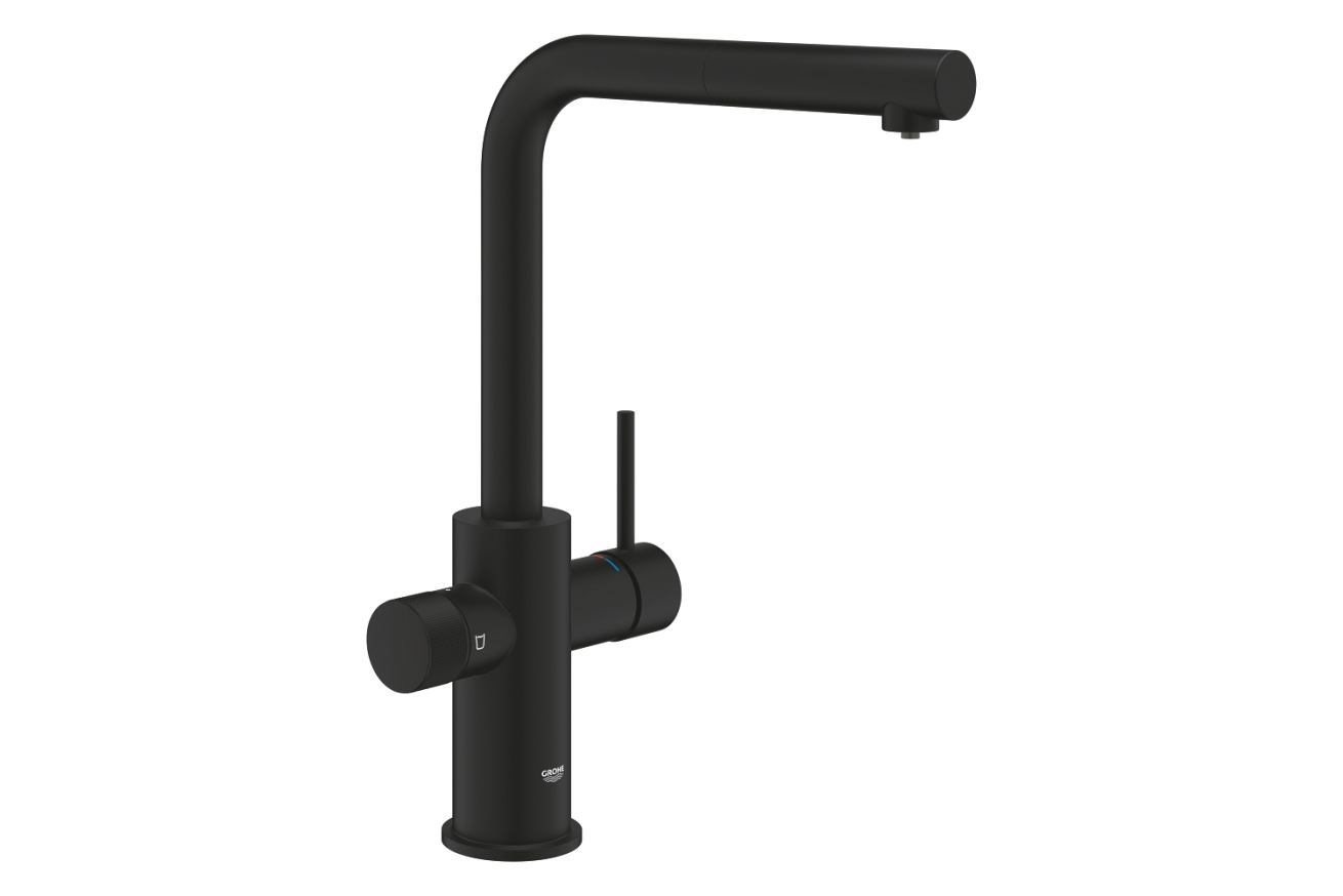 Смеситель для кухонной мойки GROHE Blue Pure Minta c вытяжным изливом, функцией фильтрации, без фильтра в комплекте, фантомный черный (30590KF0)