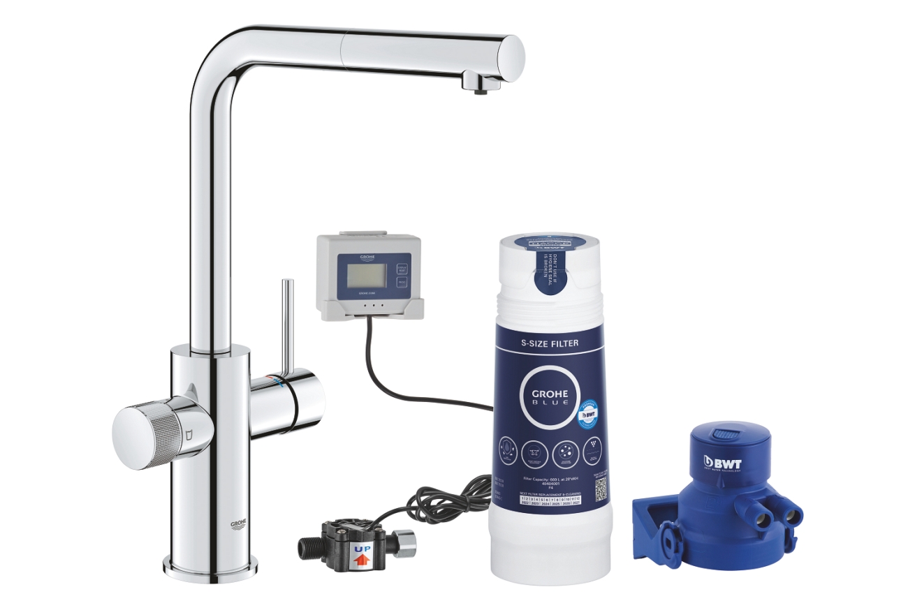 Смеситель для кухонной мойки GROHE Blue Pure Minta c вытяжным изливом, функцией фильтрации, с фильтром в комплекте, хром (30591000)